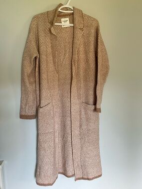 Long Open-Front Herringbone Knit Sweater Cardigan - Beige more accurate 2 pic